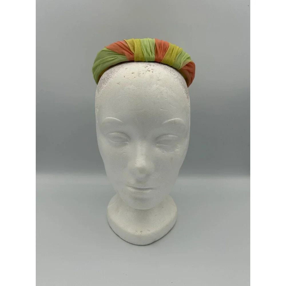 Vintage Jo Bailey Hats Fascinator Pillbox Green Yellow Peach Chiffon Bow 60s
